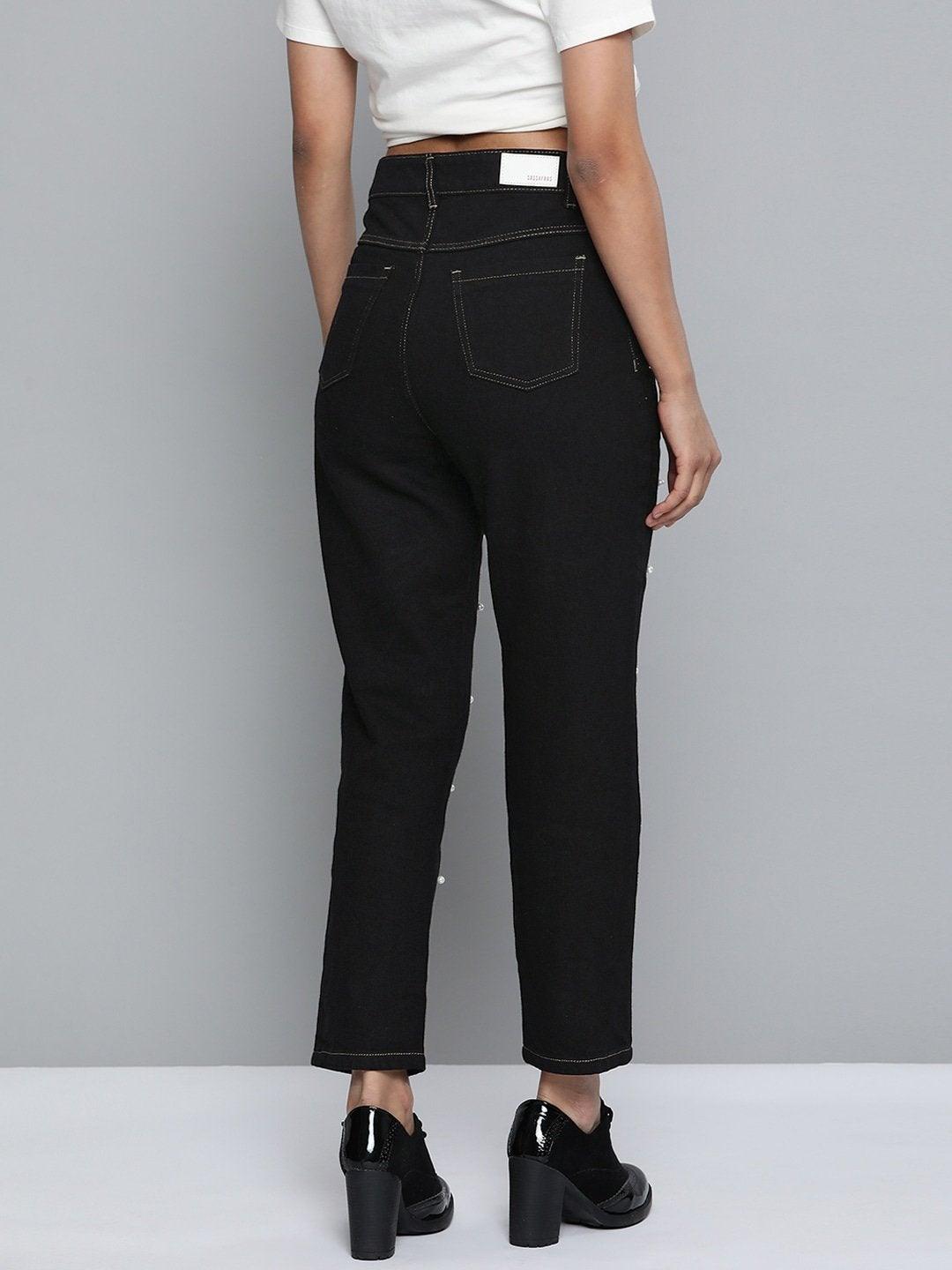 Women's Black Pearl Detail Mom Jeans - SASSAFRAS - Indiakreations