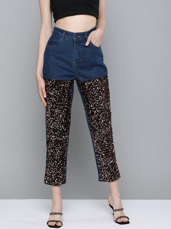 Women's Blue Sequence Detail Mom Jeans - SASSAFRAS - Indiakreations