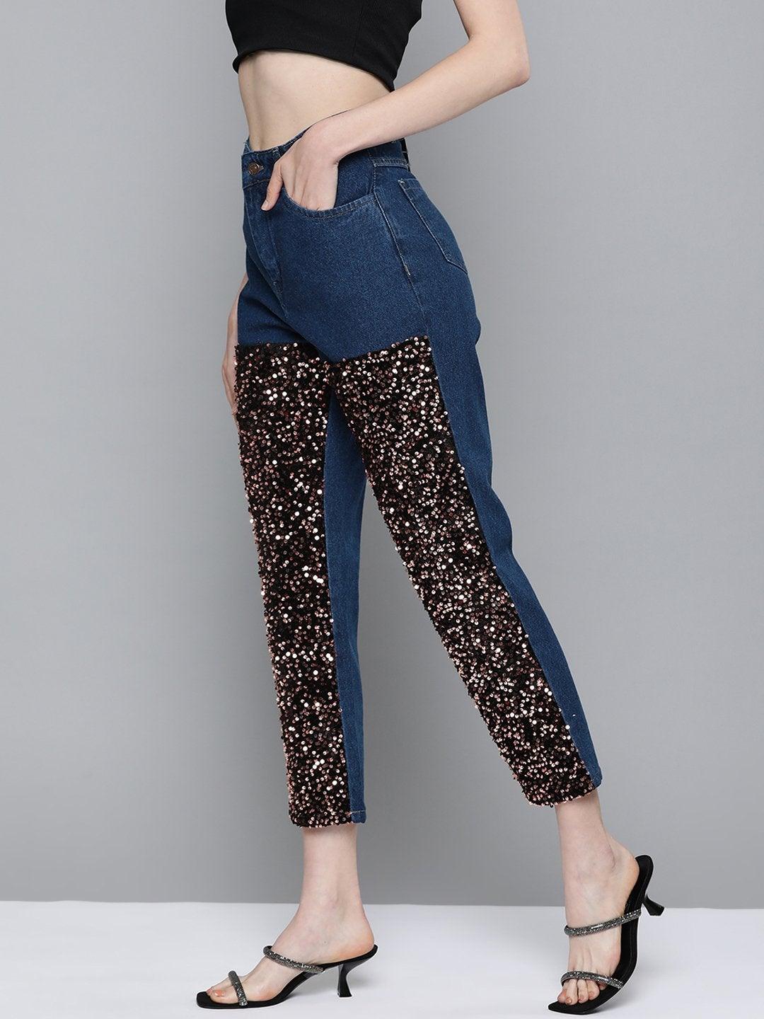 Women's Blue Sequence Detail Mom Jeans - SASSAFRAS - Indiakreations