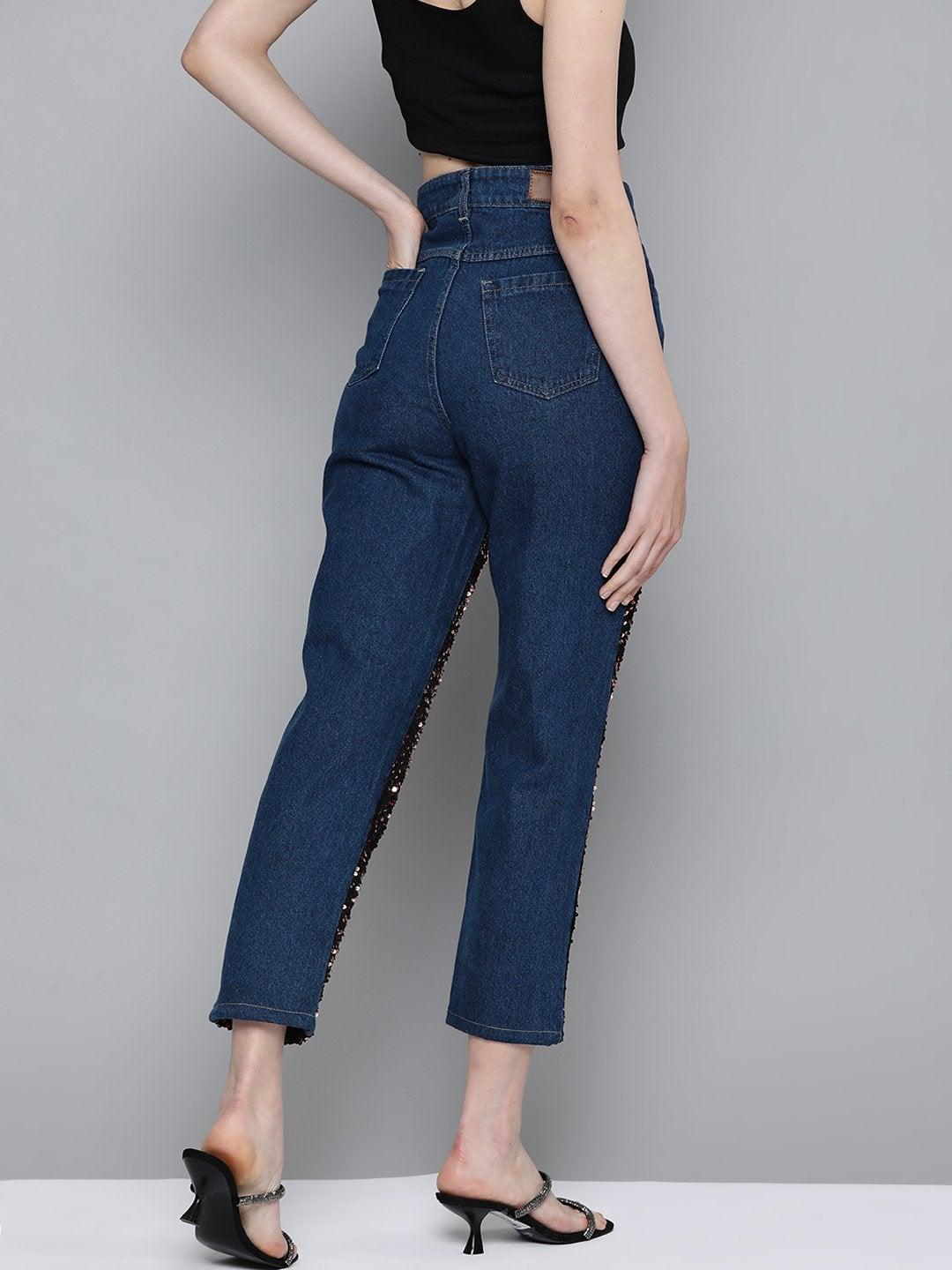 Women's Blue Sequence Detail Mom Jeans - SASSAFRAS - Indiakreations