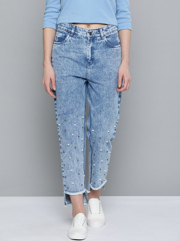 Women's Blue High Low Pearl Detail Mom Jeans - SASSAFRAS