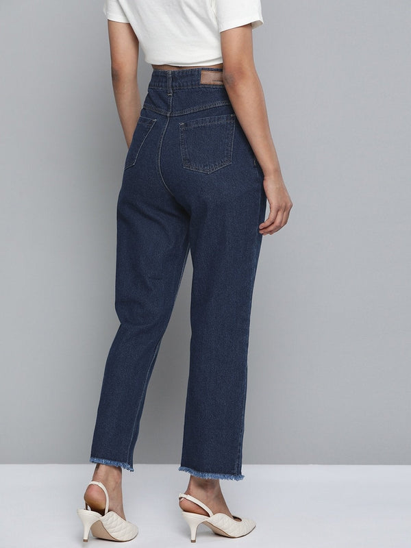 Women's Navy Zipper Fly Mom Jeans - SASSAFRAS