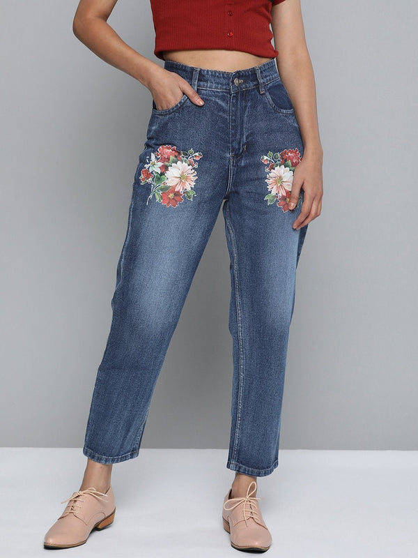 Women's Blue Floral Print Mom Jeans - SASSAFRAS