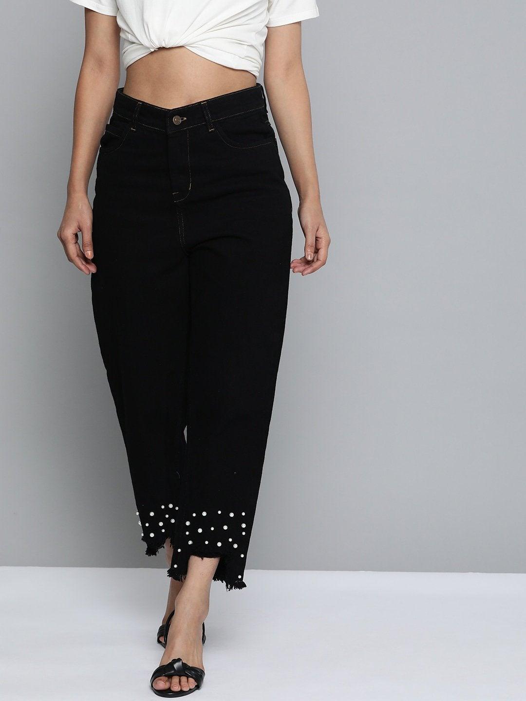 Women's Black Pearl Hem Slouchy Jeans - SASSAFRAS - Indiakreations