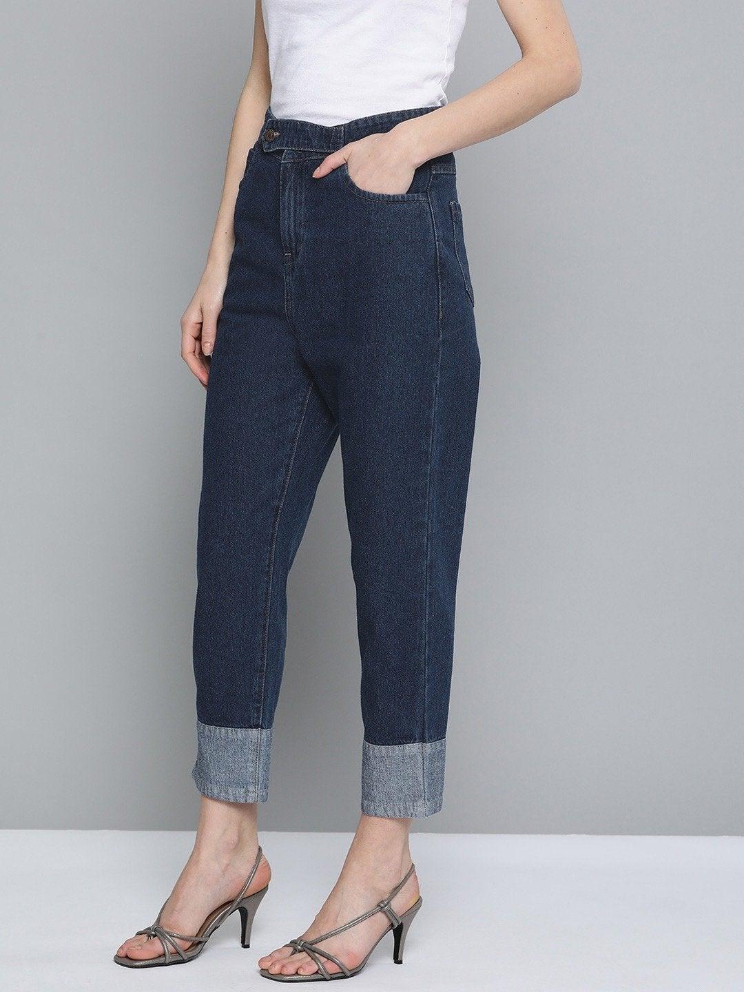 Women's Navy Contrast Detail At Hem Slouchy Jeans - SASSAFRAS - Indiakreations