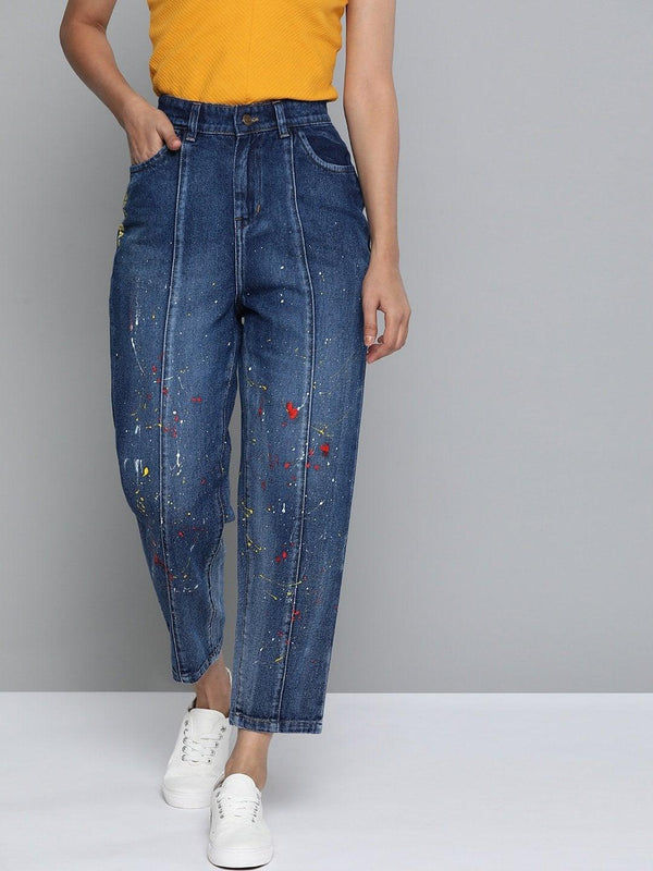 Women's Blue Paint Splatter Slouchy Jeans - SASSAFRAS - Indiakreations