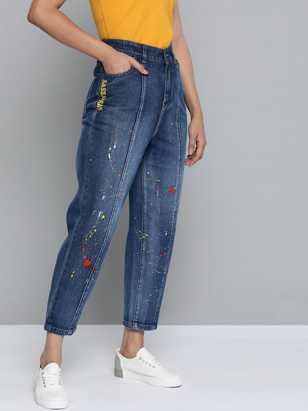 Women's Blue Paint Splatter Slouchy Jeans - SASSAFRAS - Indiakreations