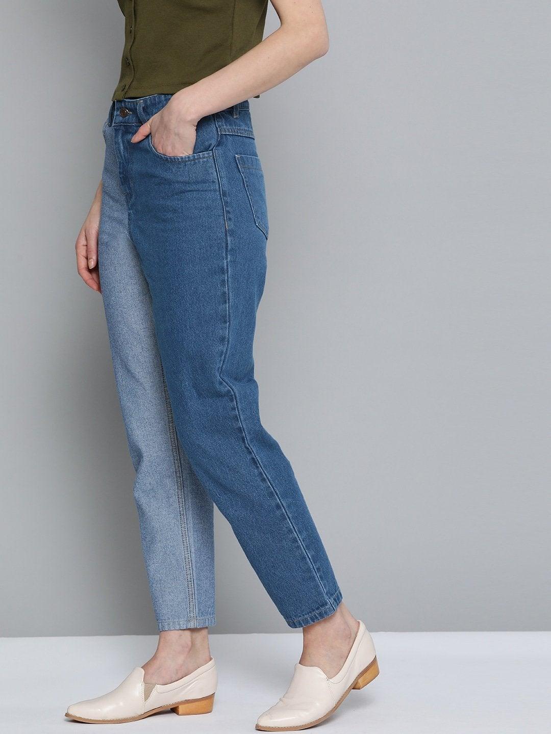 Women's Blue & Navy Color Block Slouchy Jeans - SASSAFRAS - Indiakreations