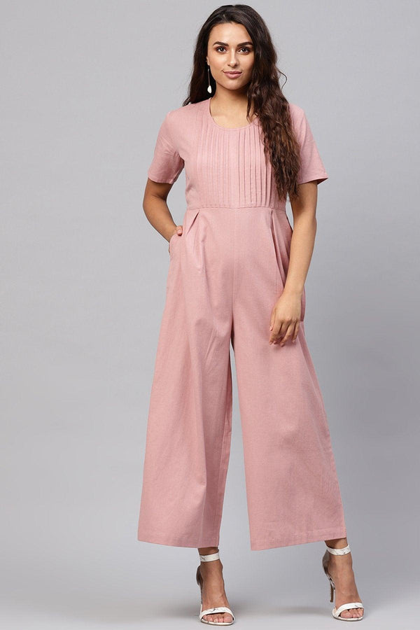 Women's Onion Pink Pleated Palazzo Jumpsuit - SASSAFRAS - Indiakreations