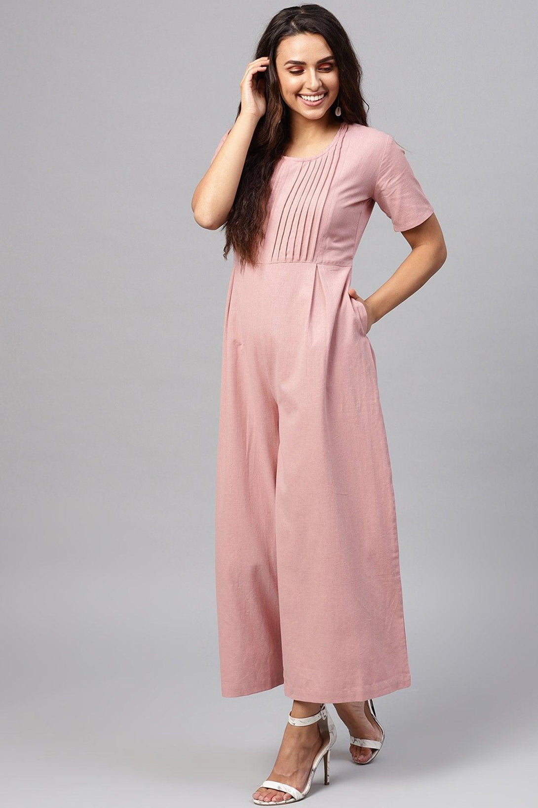 Women's Onion Pink Pleated Palazzo Jumpsuit - SASSAFRAS - Indiakreations