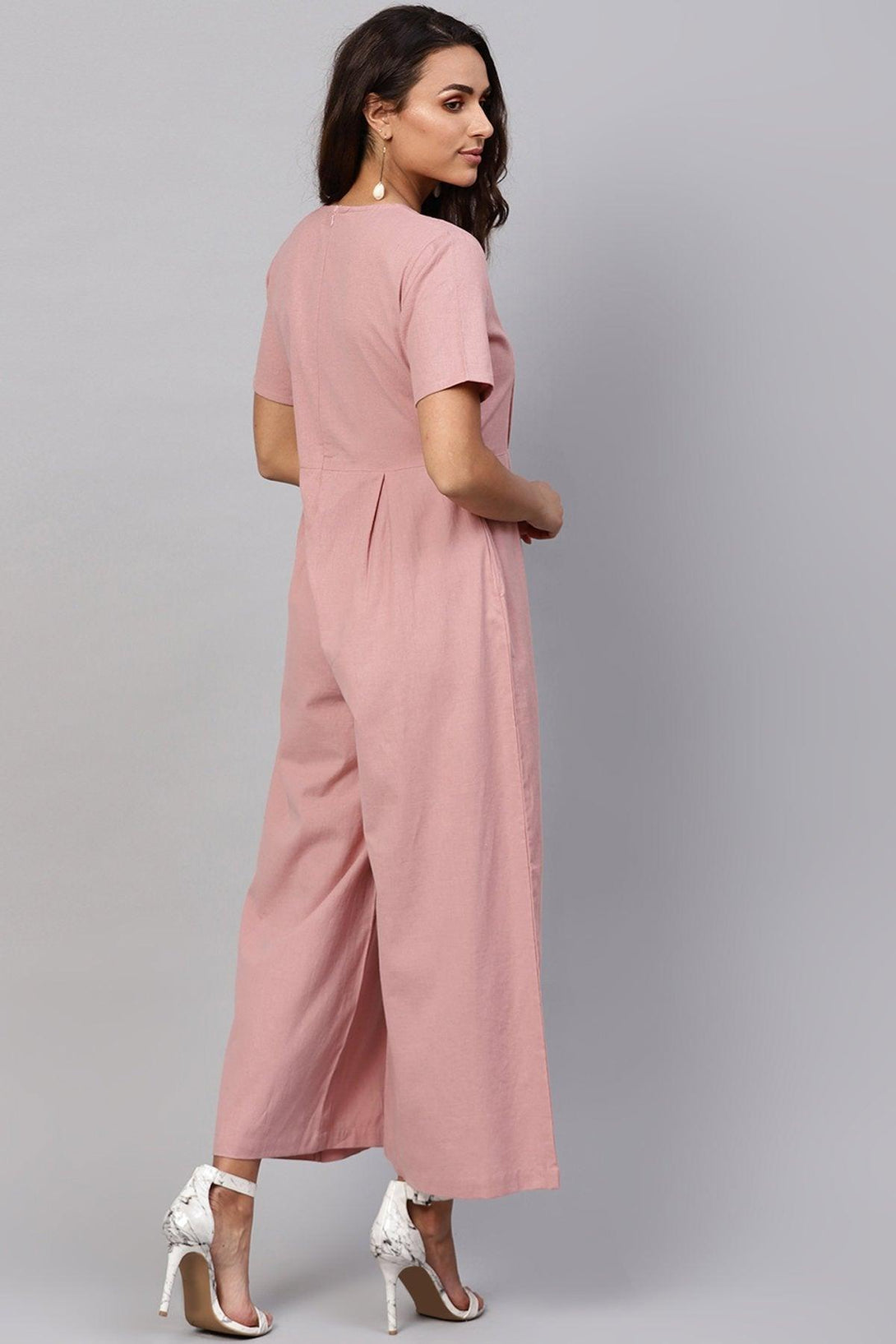 Women's Onion Pink Pleated Palazzo Jumpsuit - SASSAFRAS - Indiakreations