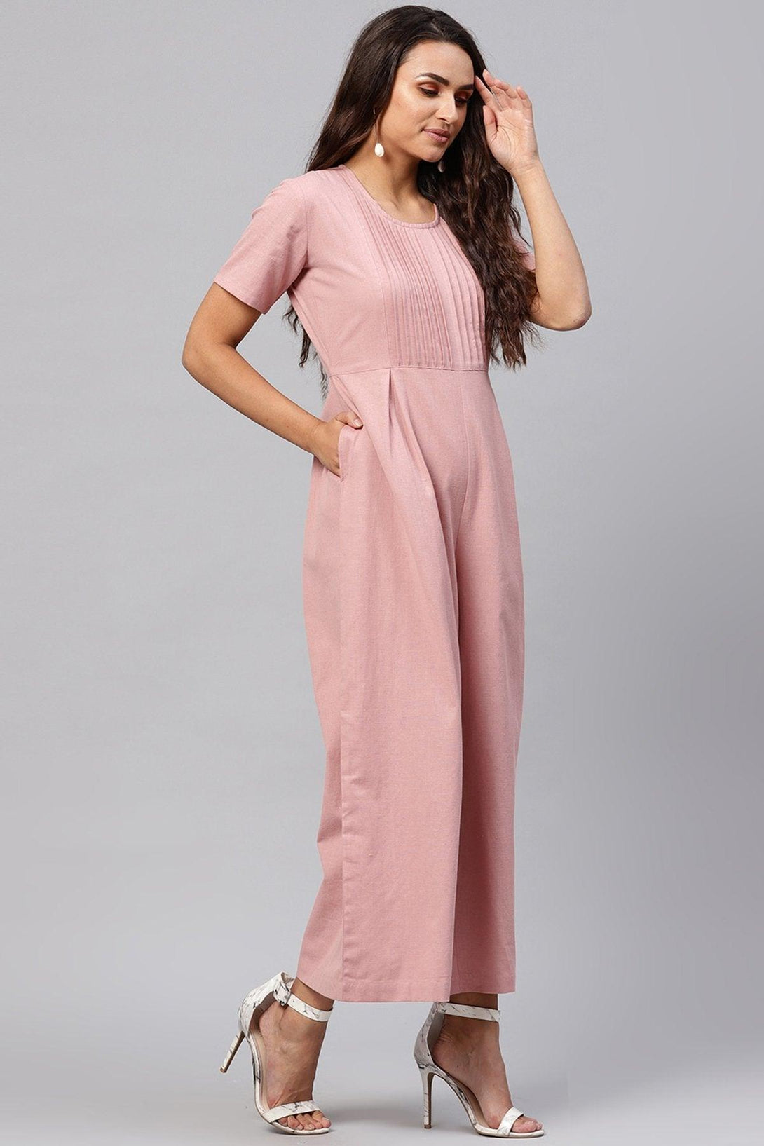 Women's Onion Pink Pleated Palazzo Jumpsuit - SASSAFRAS - Indiakreations