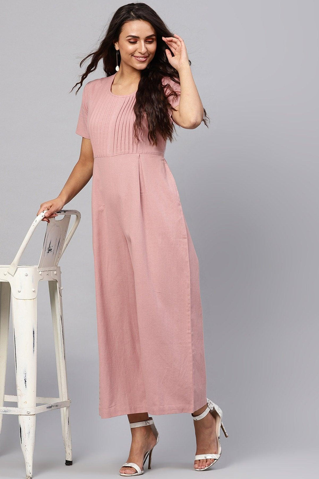 Women's Onion Pink Pleated Palazzo Jumpsuit - SASSAFRAS - Indiakreations