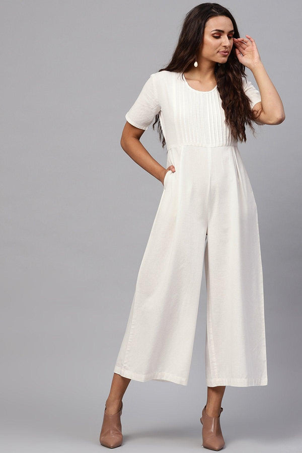 Women's White Pleated Palazzo Jumpsuit - SASSAFRAS - Indiakreations