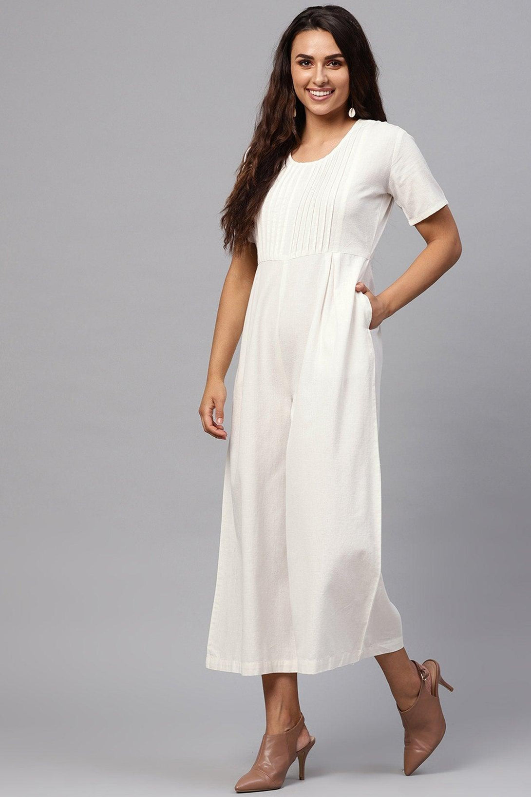 Women's White Pleated Palazzo Jumpsuit - SASSAFRAS - Indiakreations