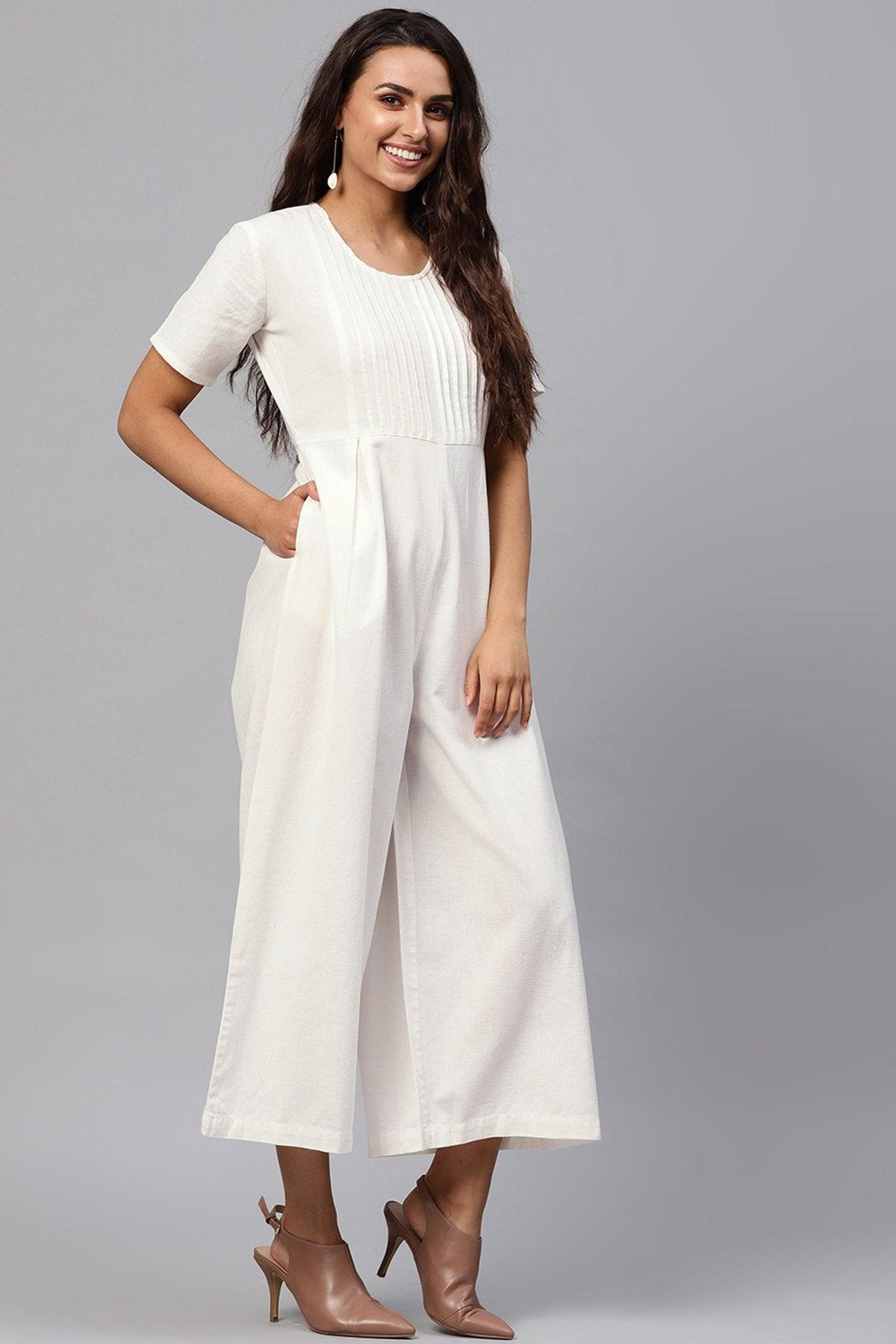 Women's White Pleated Palazzo Jumpsuit - SASSAFRAS - Indiakreations