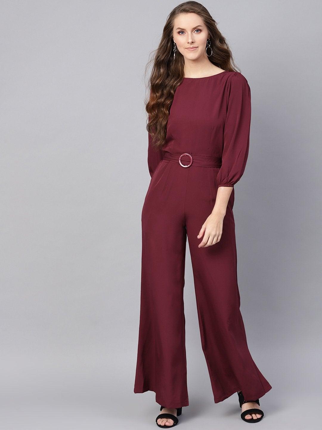 Women's Wine Buckle Belt Jumpsuit - SASSAFRAS - Indiakreations