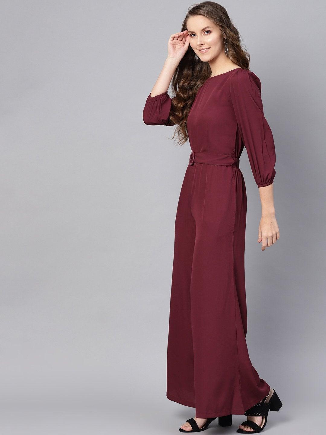 Women's Wine Buckle Belt Jumpsuit - SASSAFRAS - Indiakreations