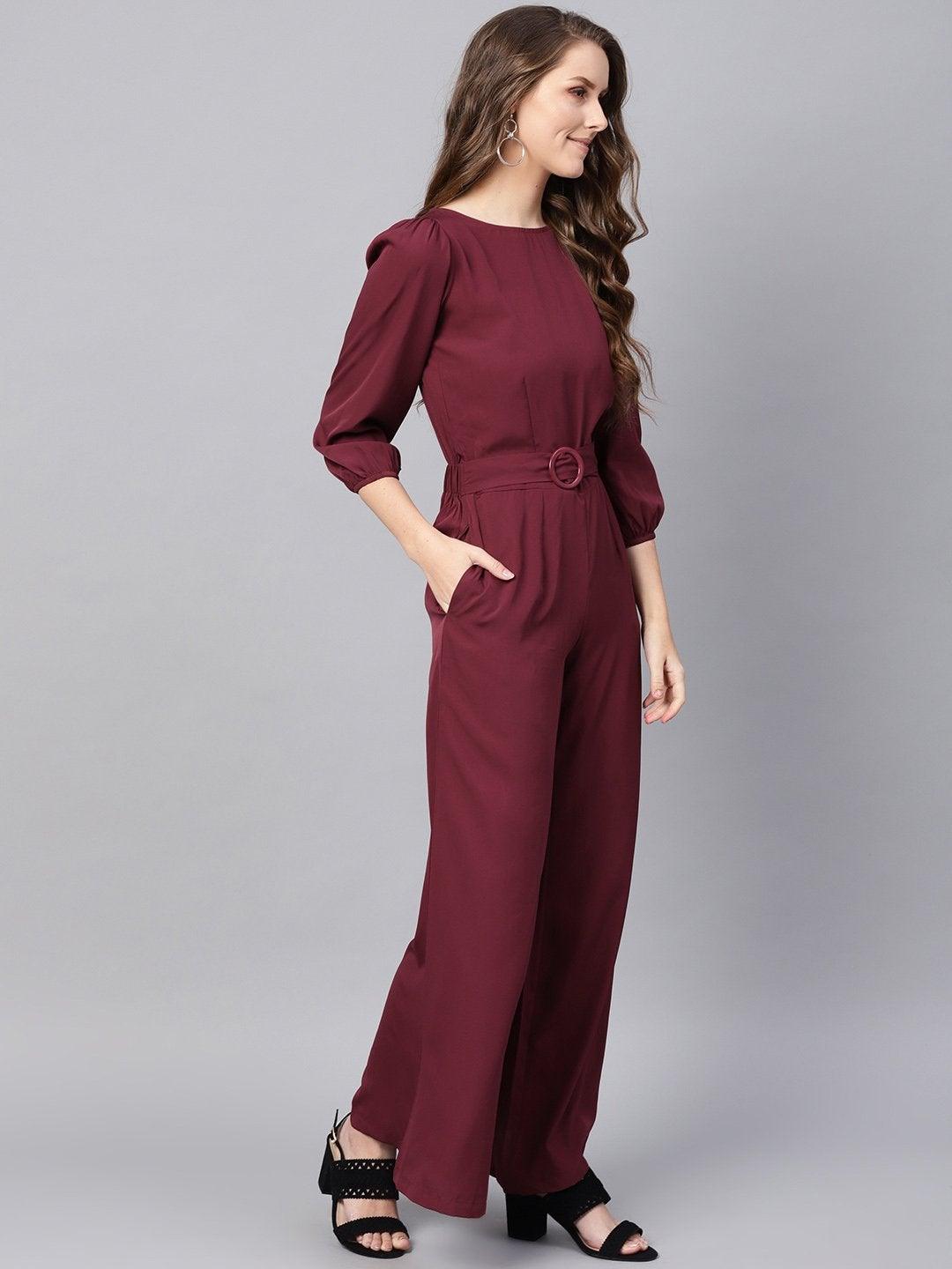 Women's Wine Buckle Belt Jumpsuit - SASSAFRAS - Indiakreations