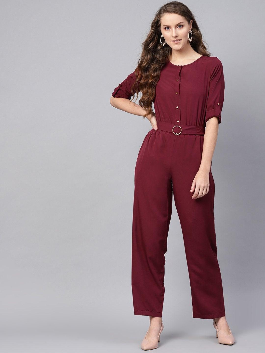 Women's Wine Palazzo Buckle Belt Jumpsuit - SASSAFRAS - Indiakreations