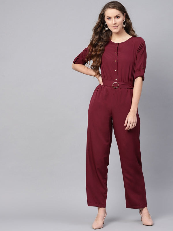 Women's Wine Palazzo Buckle Belt Jumpsuit - SASSAFRAS