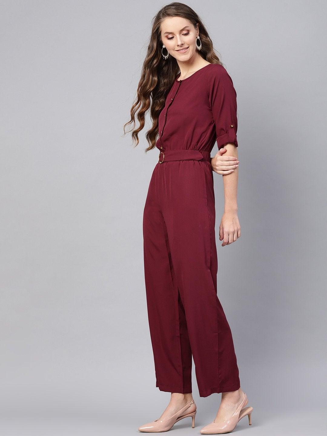 Women's Wine Palazzo Buckle Belt Jumpsuit - SASSAFRAS - Indiakreations