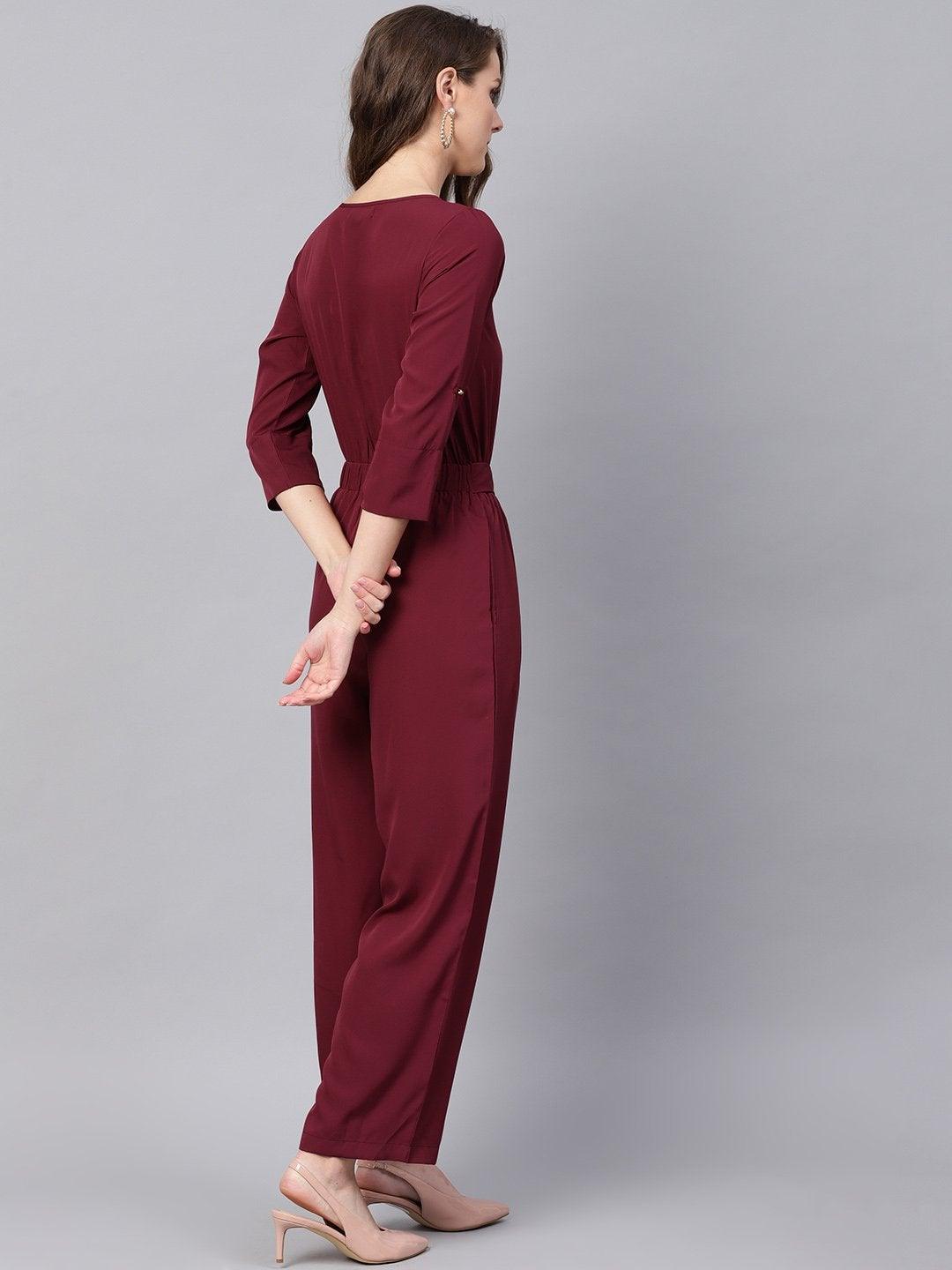 Women's Wine Palazzo Buckle Belt Jumpsuit - SASSAFRAS - Indiakreations