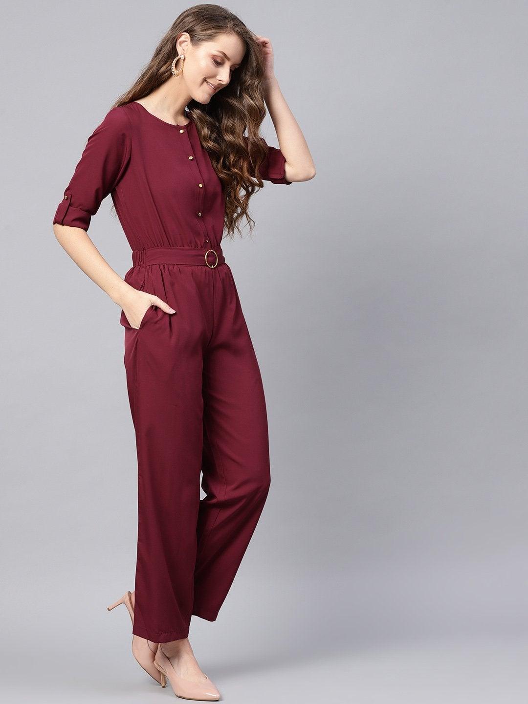 Women's Wine Palazzo Buckle Belt Jumpsuit - SASSAFRAS - Indiakreations