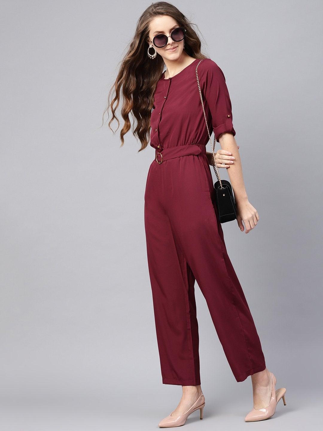 Women's Wine Palazzo Buckle Belt Jumpsuit - SASSAFRAS - Indiakreations