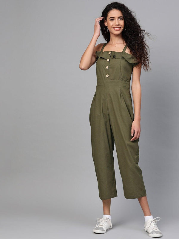 Women's Olive Strappy Button Detail Jumpsuit - SASSAFRAS - Indiakreations