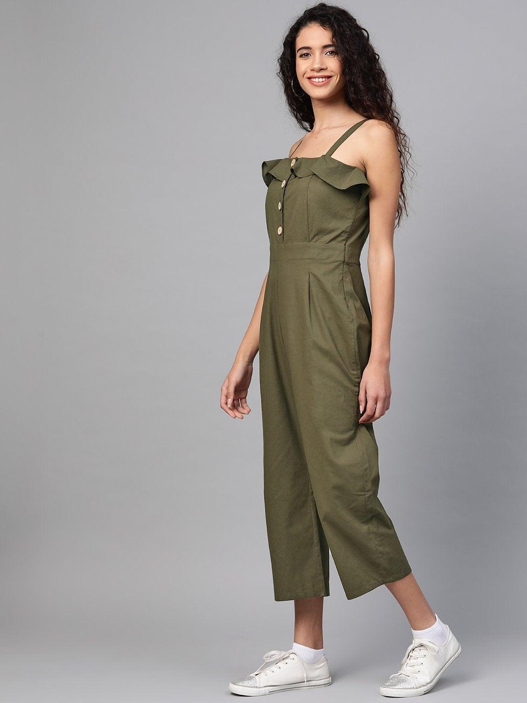 Women's Olive Strappy Button Detail Jumpsuit - SASSAFRAS - Indiakreations