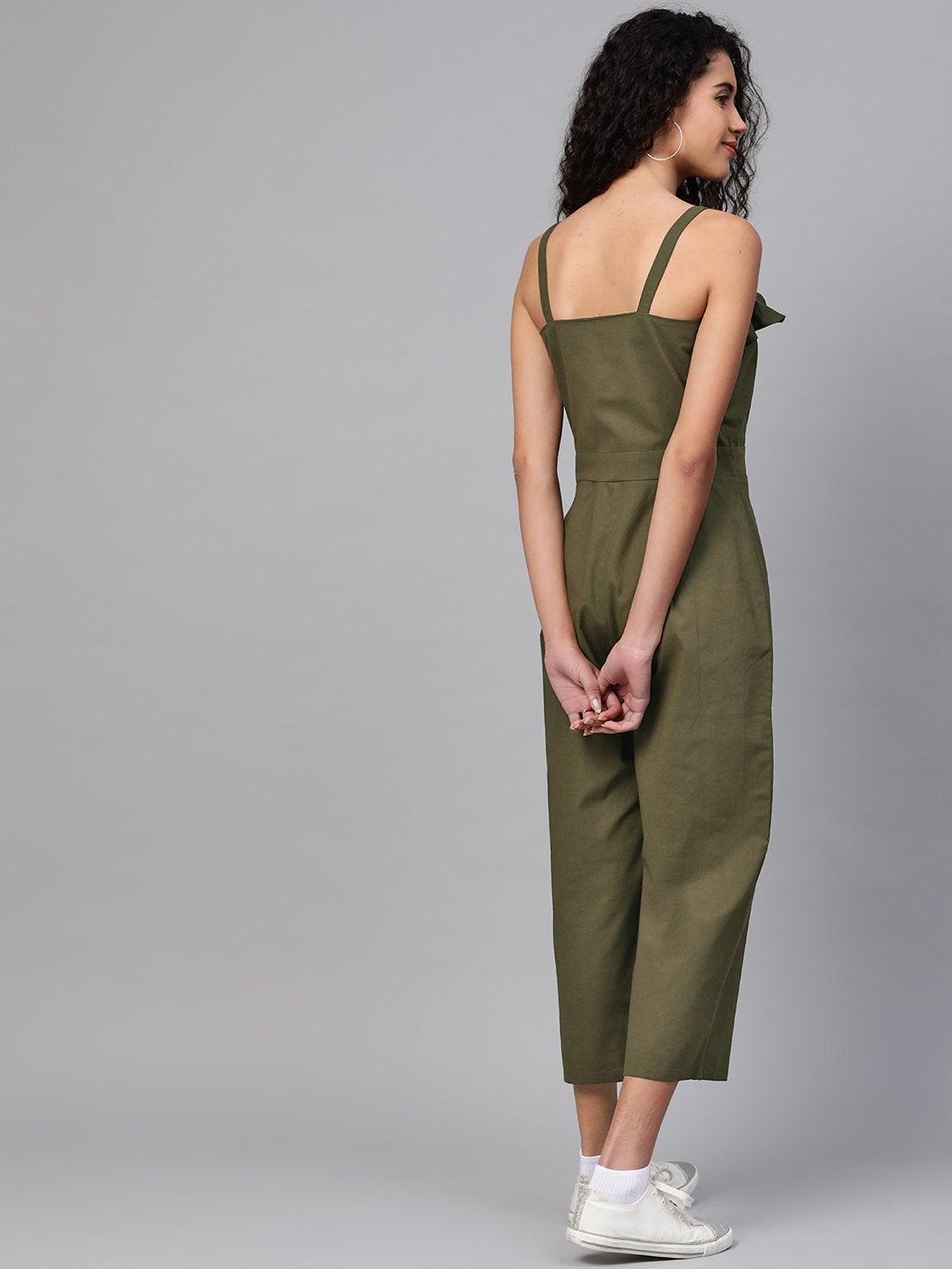 Women's Olive Strappy Button Detail Jumpsuit - SASSAFRAS - Indiakreations