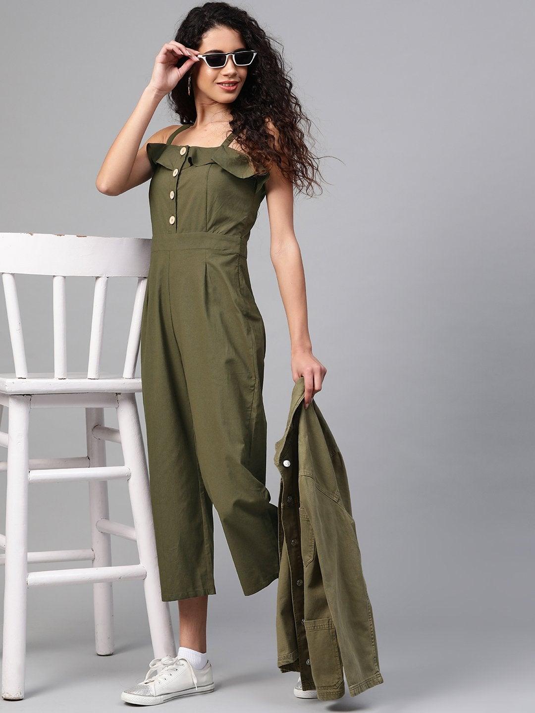 Women's Olive Strappy Button Detail Jumpsuit - SASSAFRAS - Indiakreations