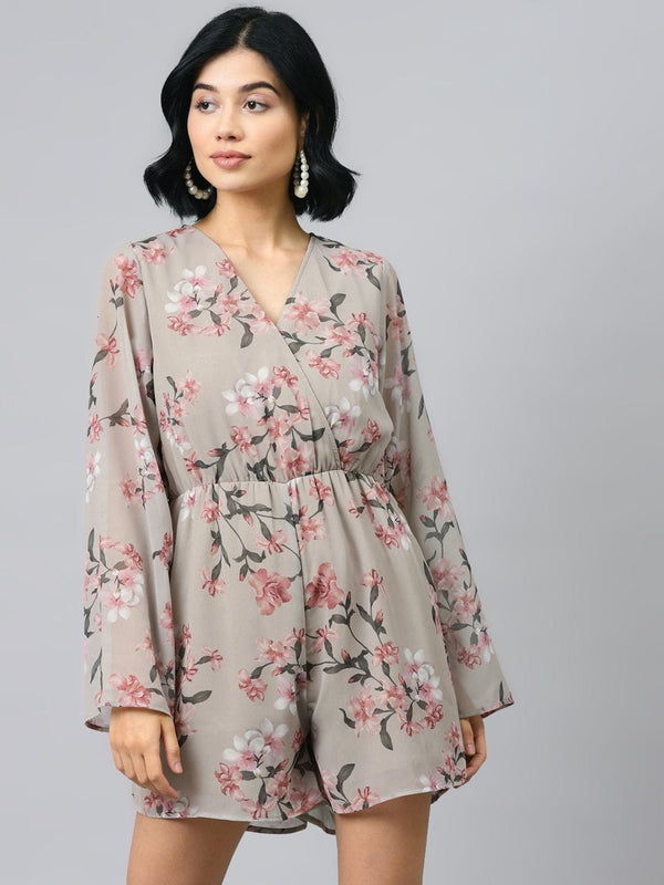 Women's Olive Floral Wrap Romper - SASSAFRAS