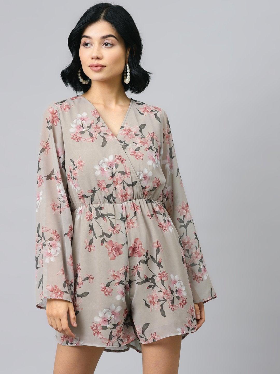 Women's Olive Floral Wrap Romper - SASSAFRAS - Indiakreations