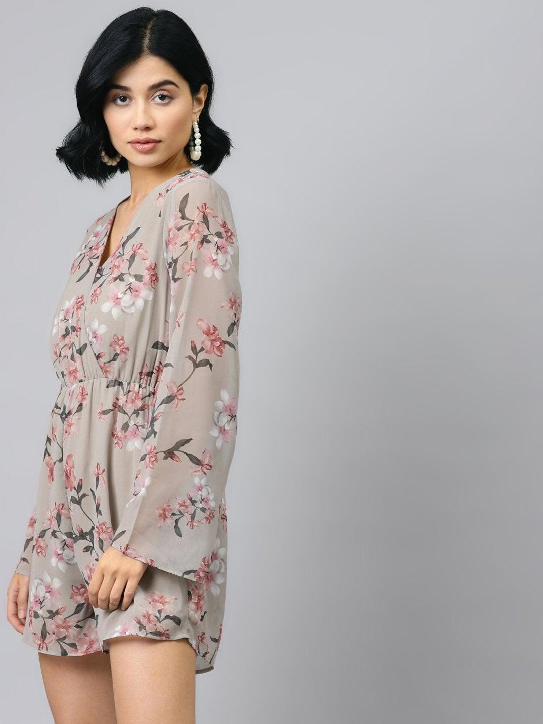 Women's Olive Floral Wrap Romper - SASSAFRAS - Indiakreations