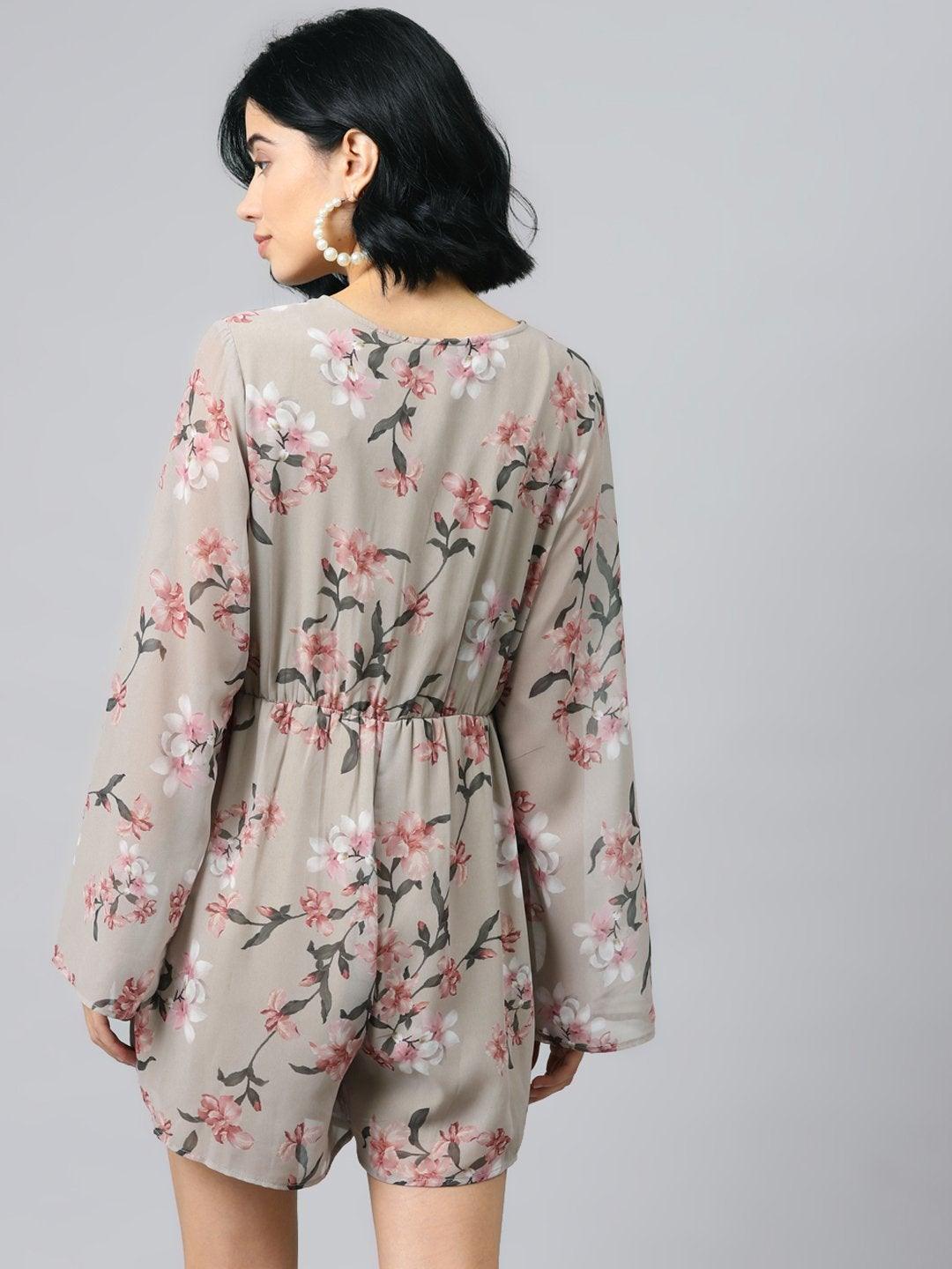 Women's Olive Floral Wrap Romper - SASSAFRAS - Indiakreations