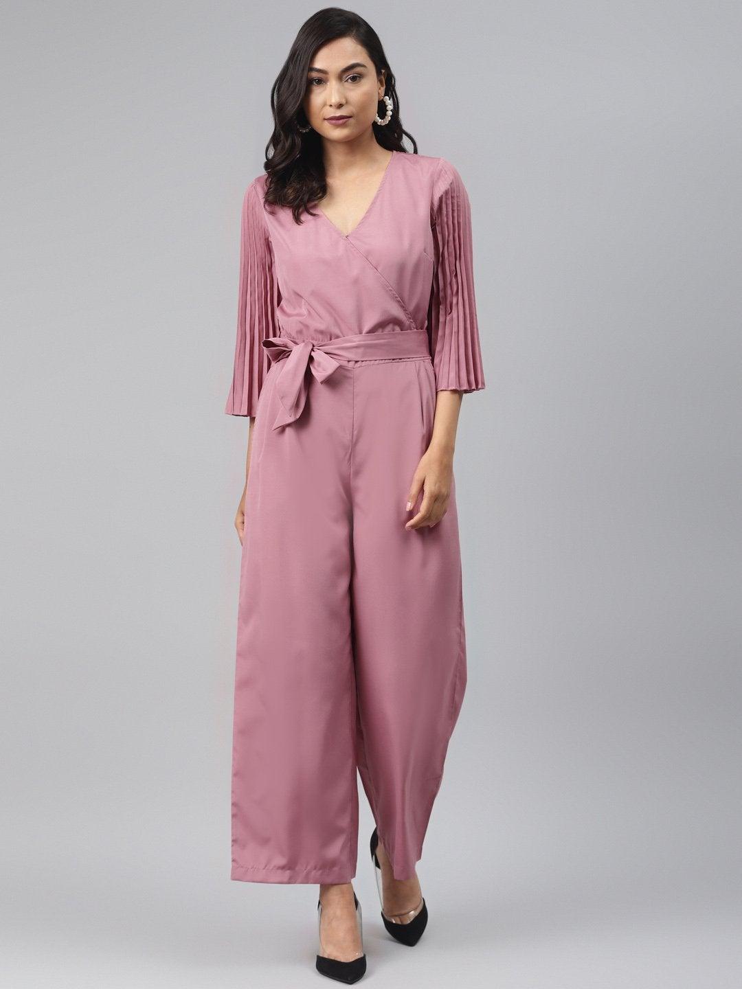 Women's Baked Pink Wrap Pleated Sleeves Jumpsuit - SASSAFRAS - Indiakreations