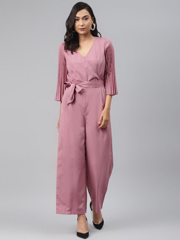 Women's Baked Pink Wrap Pleated Sleeves Jumpsuit - SASSAFRAS