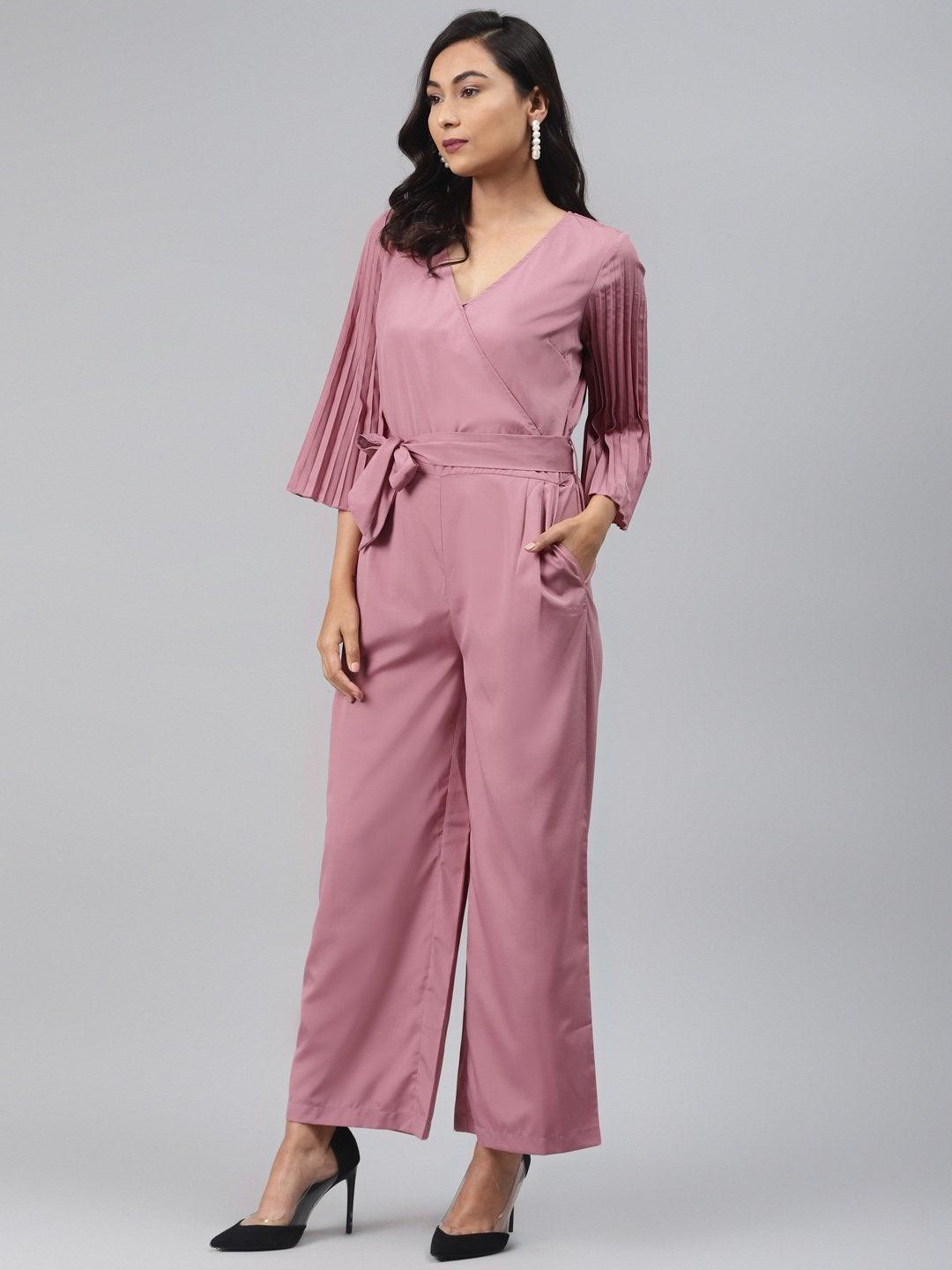 Women's Baked Pink Wrap Pleated Sleeves Jumpsuit - SASSAFRAS - Indiakreations