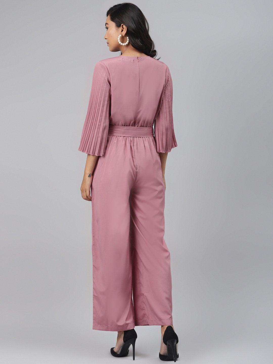 Women's Baked Pink Wrap Pleated Sleeves Jumpsuit - SASSAFRAS - Indiakreations