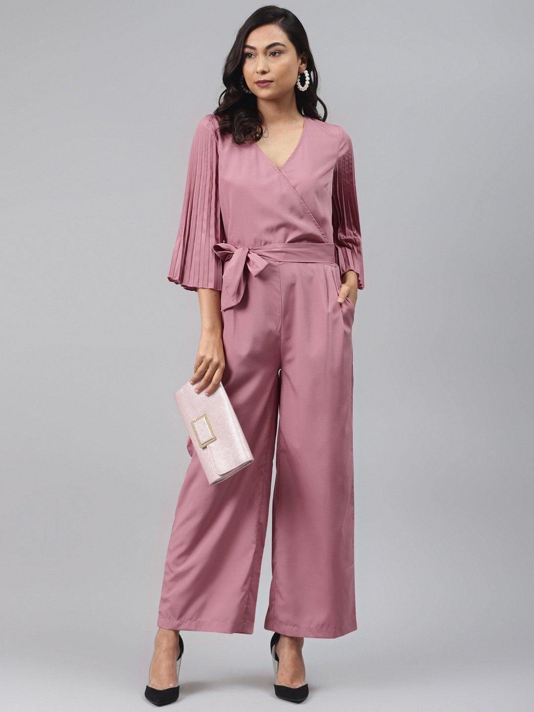 Women's Baked Pink Wrap Pleated Sleeves Jumpsuit - SASSAFRAS - Indiakreations