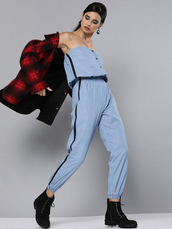 Women's Blue Denim Side Tape Tube Jumpsuit - SASSAFRAS - Indiakreations