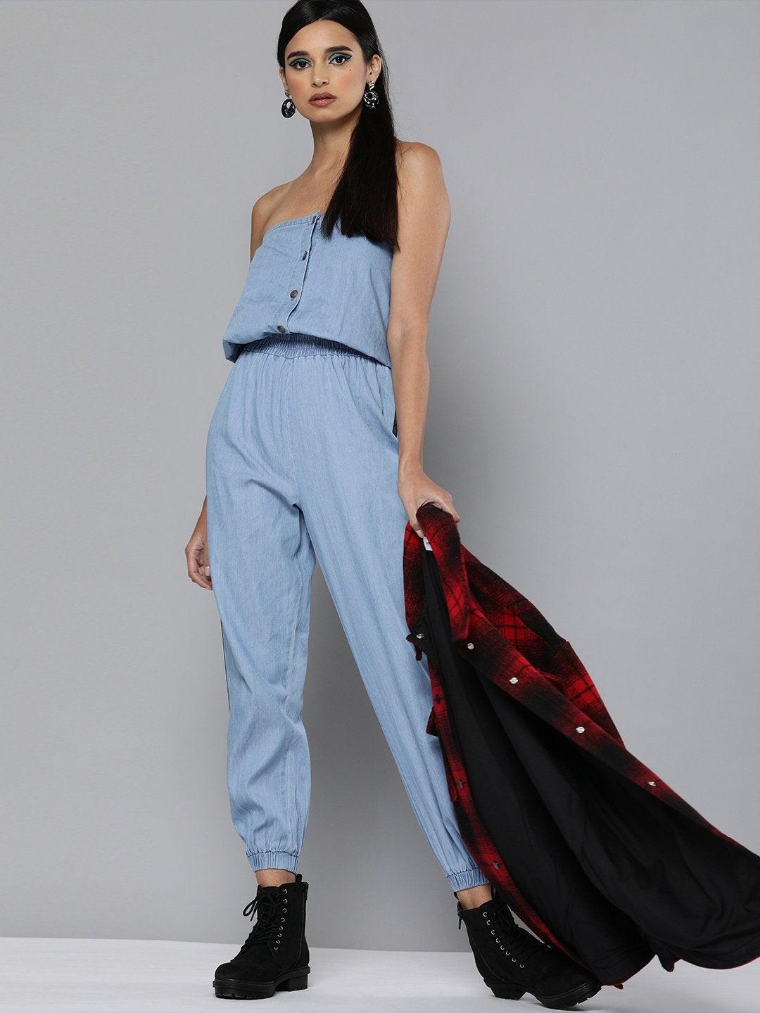 Women's Blue Denim Side Tape Tube Jumpsuit - SASSAFRAS - Indiakreations