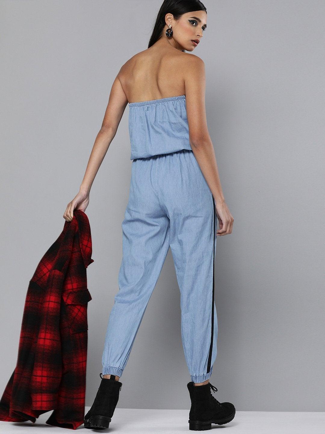 Women's Blue Denim Side Tape Tube Jumpsuit - SASSAFRAS - Indiakreations