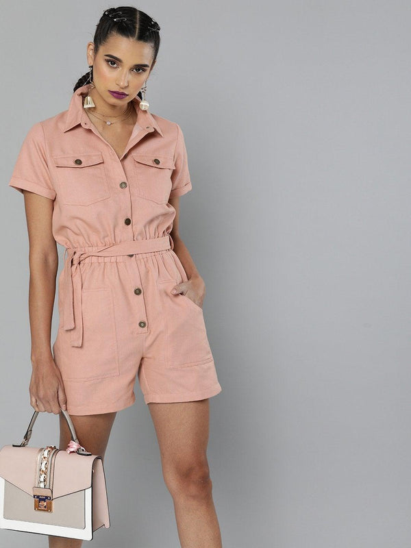 Women's Dusty Pink Belted Romper - SASSAFRAS - Indiakreations