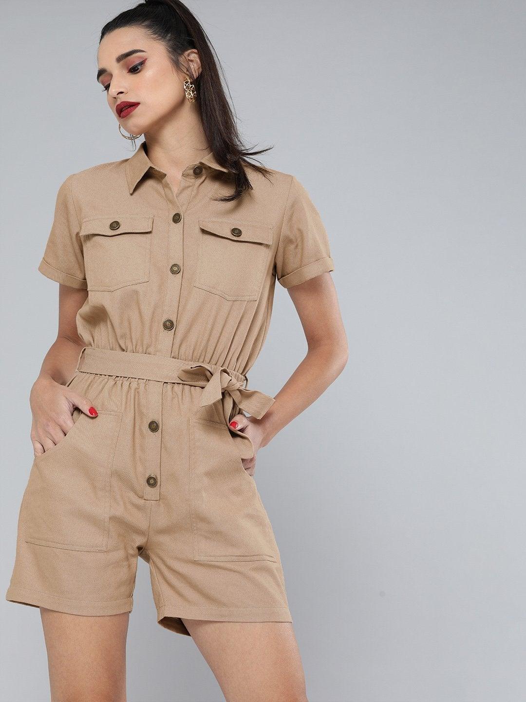 Women's Khaki Belted Romper - SASSAFRAS - Indiakreations