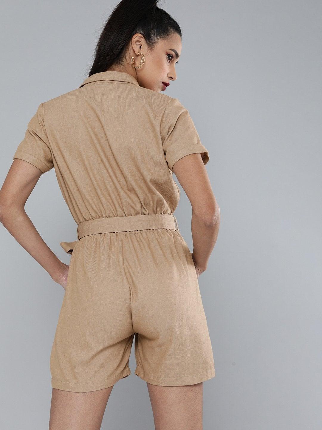 Women's Khaki Belted Romper - SASSAFRAS - Indiakreations