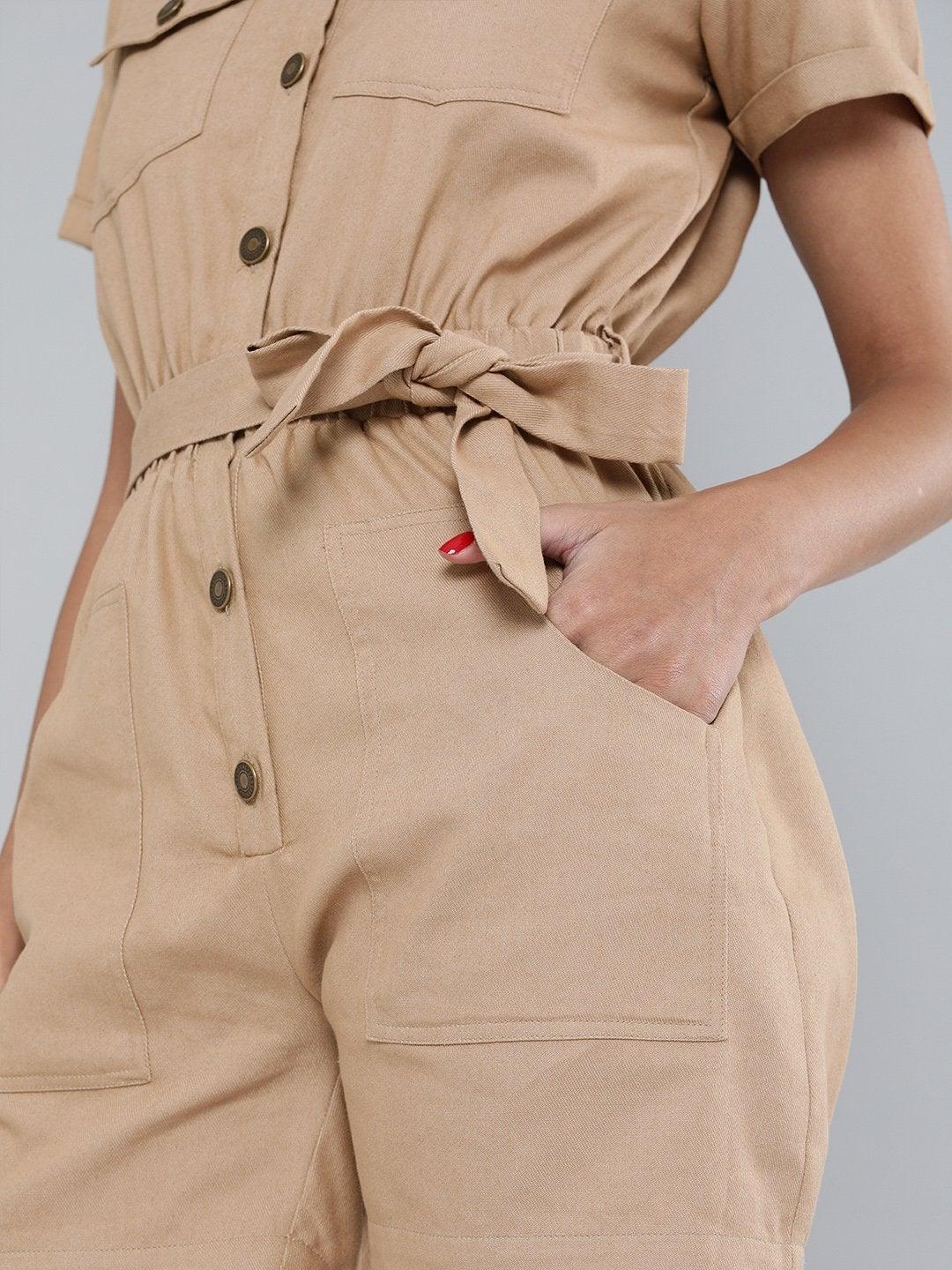 Women's Khaki Belted Romper - SASSAFRAS - Indiakreations