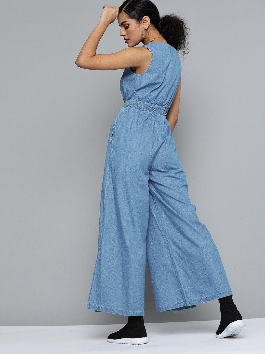 Women's Blue Sleeveless Tencel Jumpsuit - SASSAFRAS - Indiakreations